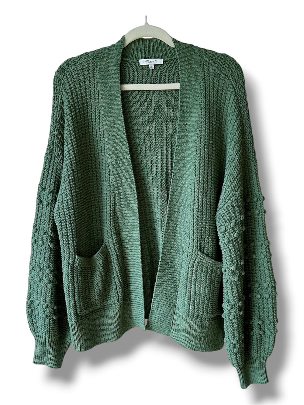 Madewell Bobble Sleeve Open Front Cotton Cardigan in Sage Green Size L